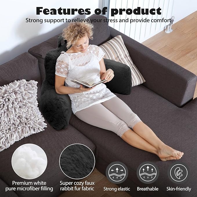 Reading Pillow for Sitting in Bed Adult, Standard Reading Pillow with Memory Foam, Back Pillow for Bed Sitting Up with Extend Arms, Bed Reading Pillow, Black