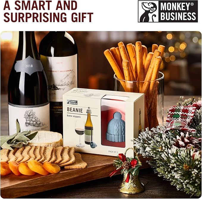 Monkey Business Beanie Wine Stopper | 2 Wine Stoppers in 1 Pack | Cute Wine Accessories | Fun Kitchen Gadgets | Wine Stoppers for Wine Bottles | Knit-Beanie-Shaped Wine Bottle Stopper w/a Pom-Pom