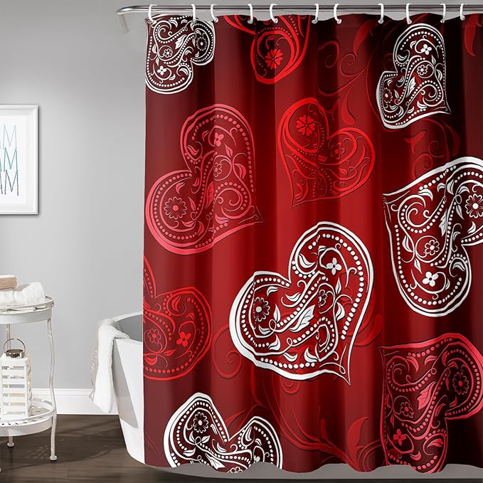 AILONEN Heart Love Shower Curtain for Bathroom, Red and White Floral Hearts Print Bath Curtain,Minimalism Hearts Decoration Shower Curtain Waterproof with 12 Plastic Hooks, 72" W*96" H