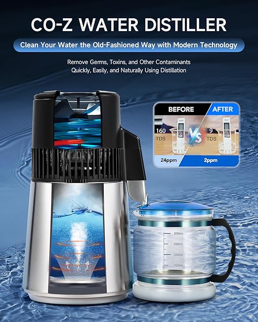 CO-Z Water Distiller for Home, 1350W 4L Distilled Water Machine for CPAP Machine with Control Panel & Glass Container, 1.1 Gal. Stainless Steel Water Distilling Equipment with Essential Oil Wine Modes