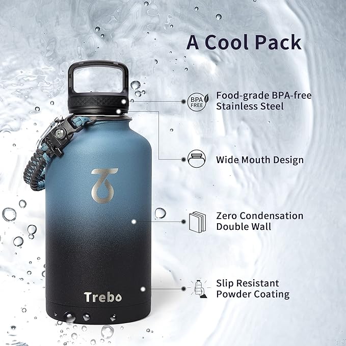 Trebo Water Bottle 64oz with Paracord Handle, Half Gallon Food-grade Double Wall Vacuum Stainless Steel Insulated Jug with Holder Strap Straw Spout Handle Lids, Leakproof Keep Cold & Hot, Indigo/Black