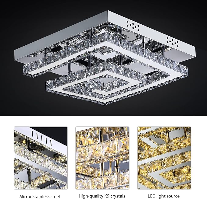 16" Modern Crystal Chandelier, Adjustable Led 3 Color Dimmable Ceiling Light 2 Layers Square Flush Mount Ceiling Lamp for Bedrooms Dining Rooms Living Room Kitchen Staircase Hallway(Dimmable)