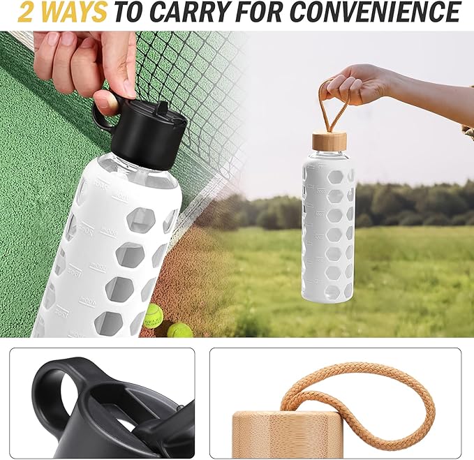 MUKOKO Glass Water Bottles, 32oz Glass Tumbler, Drinking Bottles with 2 Lids-Handle Flip Straw Lid&Bamboo Lid, Motivational Water Bottle with Time Marker and Silicone Sleeve, Leakproof-1 Pack-White