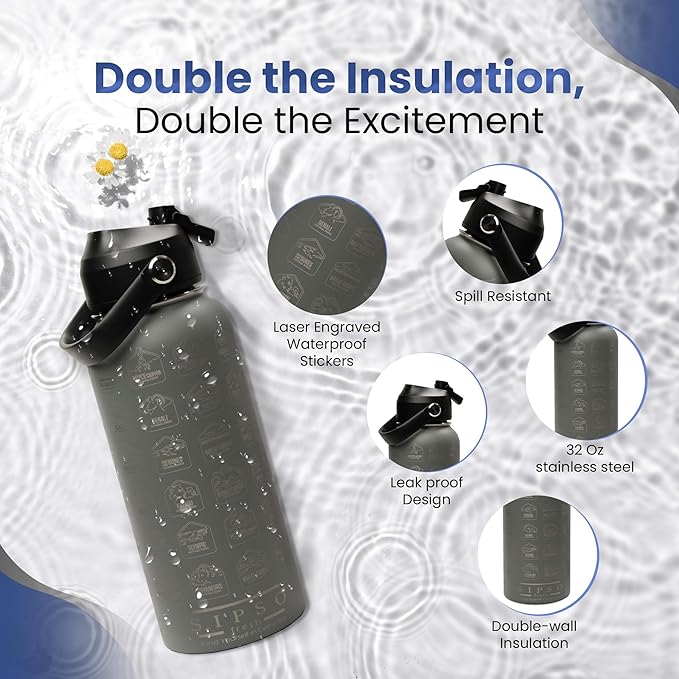 National Parks water bottle with Stickers: Unique 32 oz bottle | Double wall Stainless Steel water bottle | Leak Proof- laser Engraved water Bottle with National Park stickers (Gray)