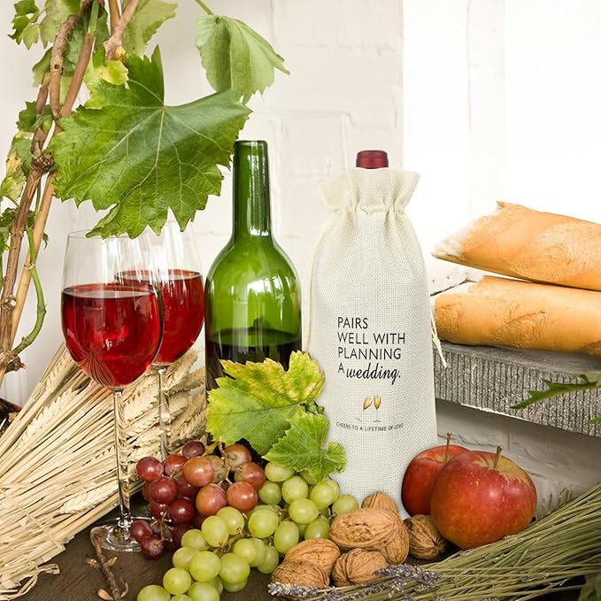 Styquenzer Engagement Gifts for Couples Wedding Wine Bag Newly Engaged Gifts for Newly Engaged Couples Cotton Linen Wine Gift Bag With Drawstring Pairs Well with Wedding Planning