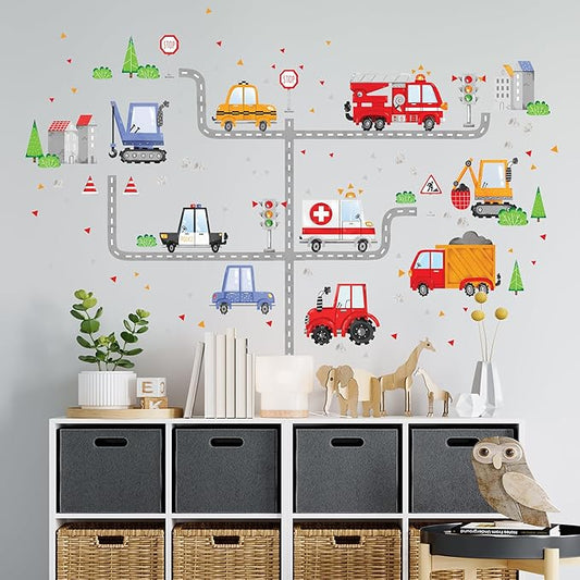 Large Car Wall Decals for Kids by Lipastick - 58 pcs Transports Wall Stickers Peel and Stick Truck Stickers - Wall Decals for Boys Kids Baby Room - Construction Cars City Wall Decor Removable M Size