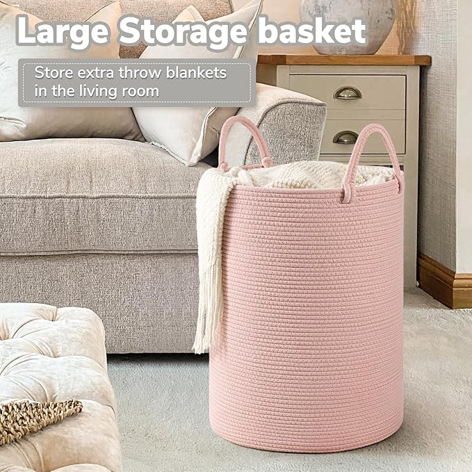 INDRESSME Pink Laundry Basket for Girls Kids Laundry Hamper for Nursery, Woven Rope Storage Basket for Living Room Girls room, Tall Basket for Blanket Storage Toys Bin, 19.7 x 13.8 inches