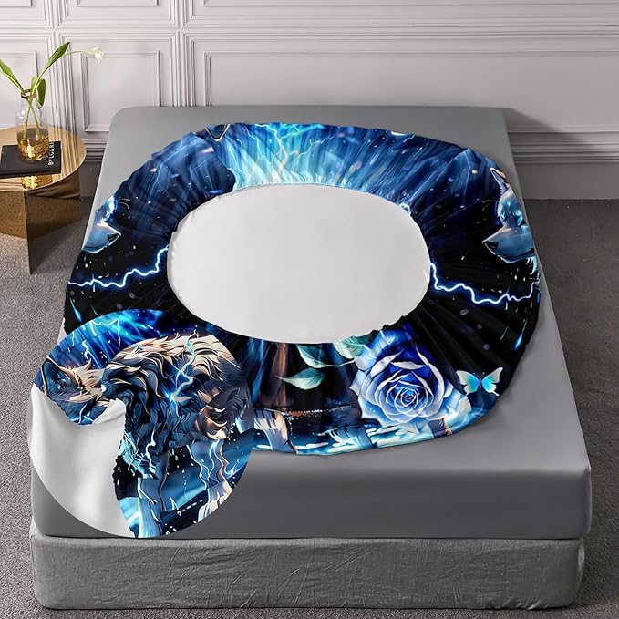 AILONEN Wolf Fitted Sheet Set Twin Size, Blue Lightning Wolf Butterfly Safari Wolf Bed Sheet Set,3 Pieces Teen Boys Sheet Set,Cool Wolf Fitted Sheet with 2 Pillowcases