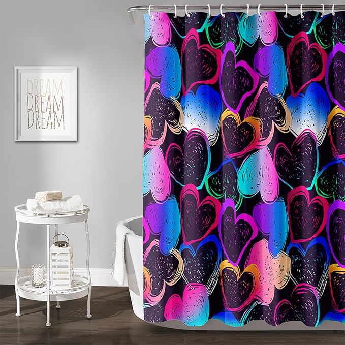 AILONEN Hearts Shower Curtain for Bathroom, Colorful Hearts Love Theme Bath Curtain for Kids Girls Women,Abstract Hearts Print Black Shower Curtain Waterproof with 12 Plastic Hooks, 48" W*72" H