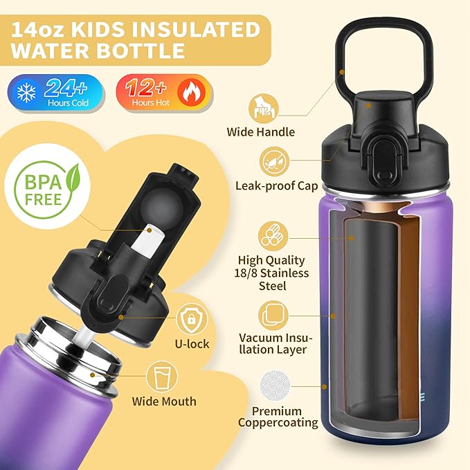 Kids Insulated Water Bottle with Straw,14oz Stainless Steel Water Bottle,BPA-free and Leak-proof,Double Wall Vacuum Water Flask for School,Gifts for Boys and Girls（14oz,Purple Navy blue）