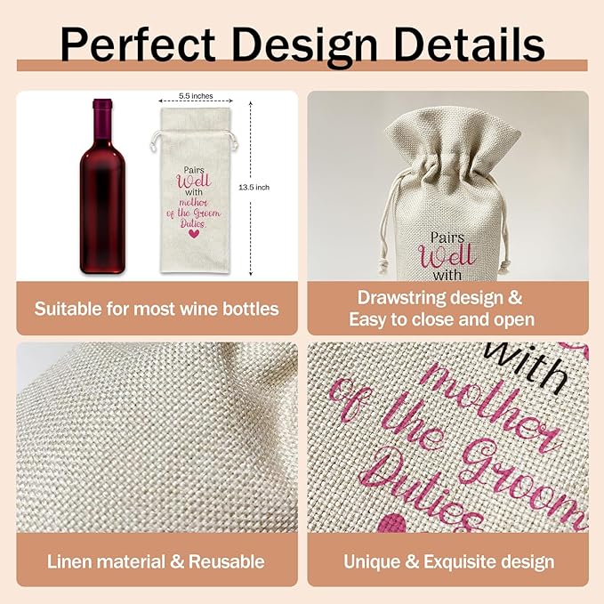 Mother of Groom Wine Gift Bag, Mother of Groom Gifts for Groom's Mother Mother-in-law, 1pcs Reusable Burlap Drawstring Wine Gift Bag for Wine Bottles, Wedding Engagement Holiday Party Favor -15