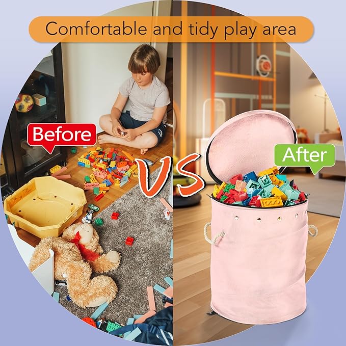 Toy Storage Basket + Play Mat for Kids Toy Chest Organizer Kids Toy Storage Organizer Foldable Big Storage Bins with Lids Large Toy Box for Boys Girls Toy Holders for Kids Rooms Nursery(Pink)