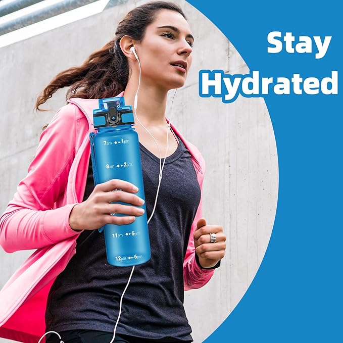 OLDLEY 32 oz Water Bottle, Motivational Water Bottle with Time Marker, Sports Water Bottle With Strap, Leakproof & BPA Free Large Water Bottles for School, Gym, Travel, Outdoor, Tritan,Blue