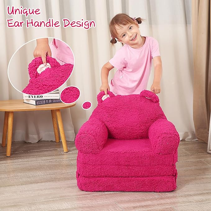 Foldable Kids Sofa, Sherpa Pink Teddy Bear Toddler Couch with Tri Folding Foam Cushions, Comfy Kids Couch for Kids Age 18 Months and Up
