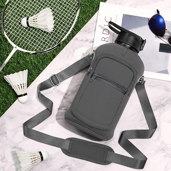 Fimibuke Half Gallon Water Bottle with Sleeve 64 OZ Water Bottle with Handle & Straw Leakproof Motivational Sports Gym Water Bottle with Time Marker BPA Free Water Jug with Reusable Neoprene Holder
