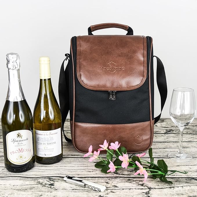 Freshore® Wine Leather Tote Cooler Insulated Bag - Luxury 2 Bottle Carrier Design For Lunch/Travel - Idea Gift For Women/Man