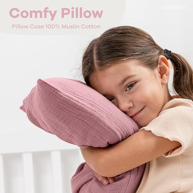 Comfy Cubs Toddler Pillow with Soft Muslin Pillowcase, 13"x18", Mauve - Kids Pillow for Sleeping & Travel - Adorable & Comfortable Small Pillow - Kids Travel Pillow with Breathable Microfiber Fill