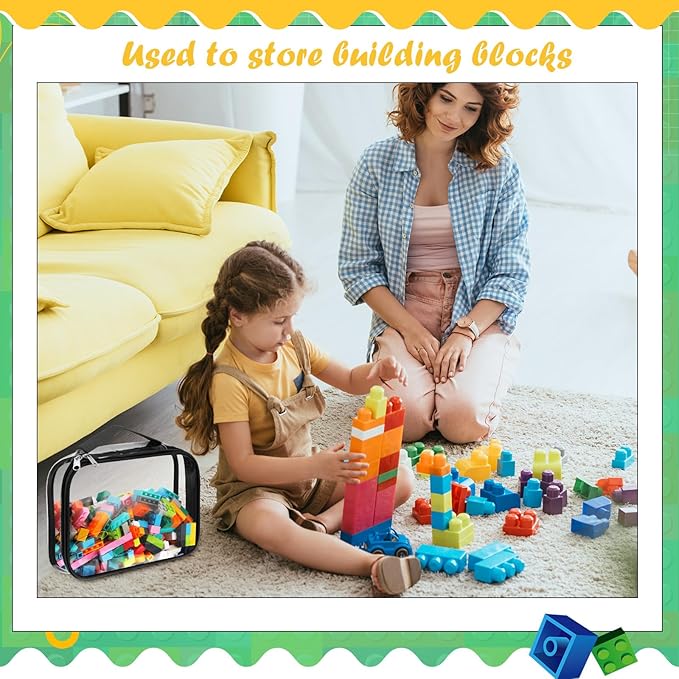 Sanwuta 3 Packs Toy Storage Bags with Zipper, Clear PVC Organizing Bags, Waterproof Toy Bags for Board Games, Building Blocks, Toys and Kids Books (Black,12.6 x 9 x 2.36 Inch)