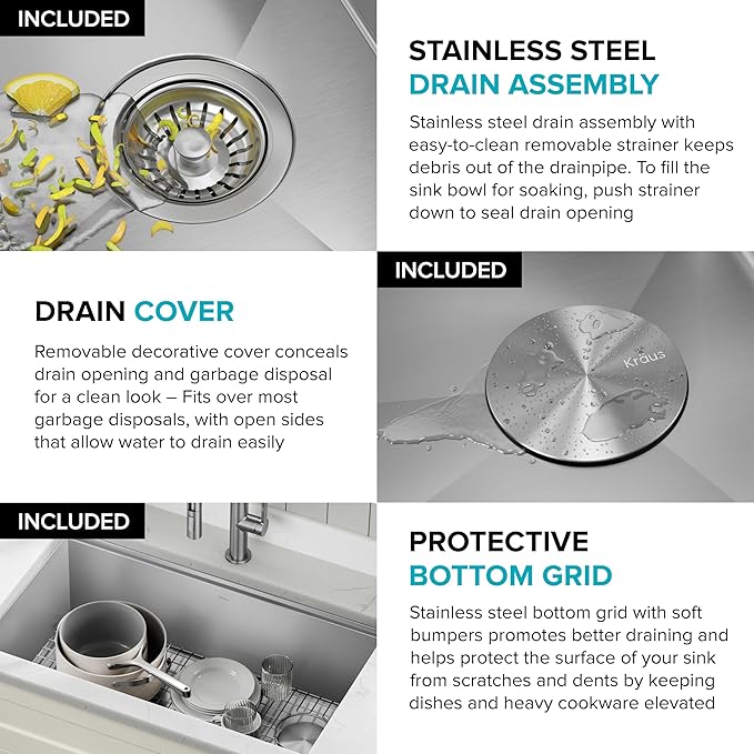 KRAUS KWU110-27 Kore Workstation 27-inch Undermount 16 Gauge Single Bowl Stainless Steel Kitchen Sink with Integrated Ledge and Accessories (Pack of 5)