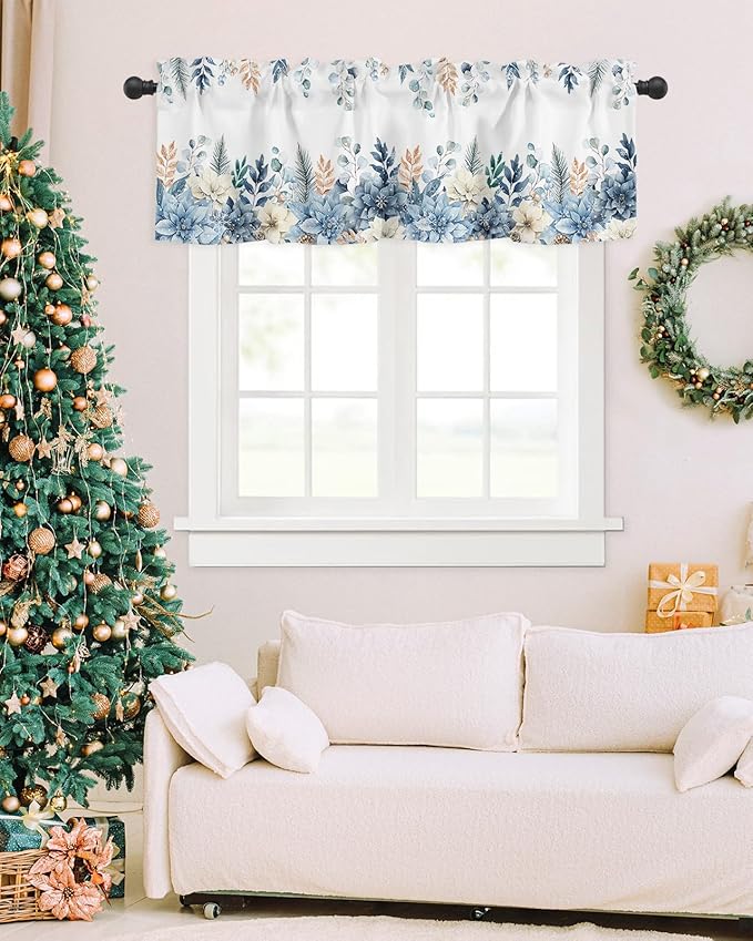 Blue Christmas Poinsettia Valance Curtains for Kitchen Windows Winter Eucalyptus Leaves Rod Pocket Window Treatment Toppers for Kitchen/Living Room/Bedroom/Bathroom, 60" X 18",