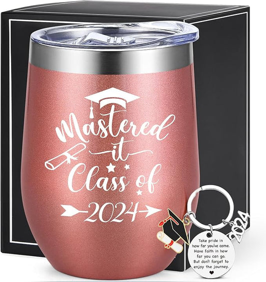 Lifecapido Graduation Gifts, Mastered it Class of 2024 12oz Wine Tumbler with Keychain, 2024 High School College Masters Degree PHD Graduation Gifts for Her Graduates Friends Classmates, Rose Gold