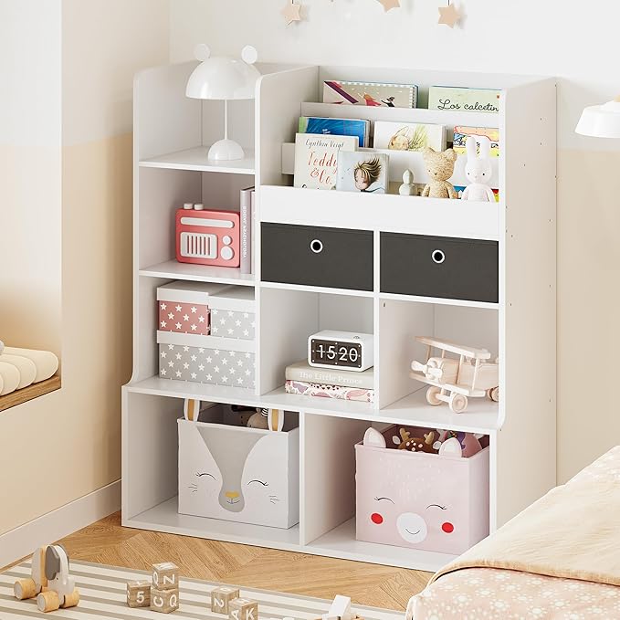 GAOMON 47.8in Kids Bookshelf with Drawers Wooden Toy Storage Organizer Modern Bookcase with Cubbies Floor Storage Cabinet White Toy Chest Playroom, Classroom, Nursery, Kids Room