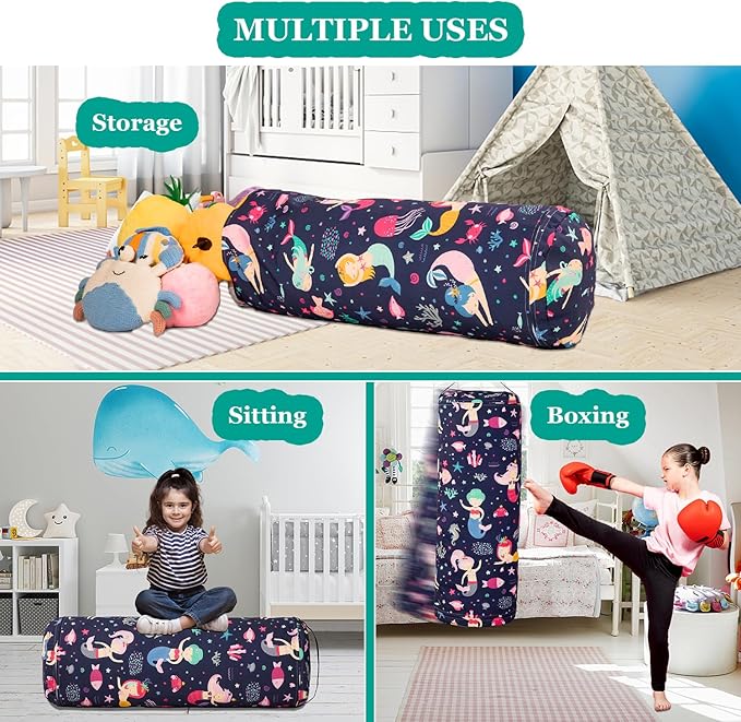 Stuffed Animal Bean Bag Storage Chair for Kids Cover Only (No Filler), Organize, Sit, Play & Boxing, 100% Cotton Canvas Washable, Ultra Soft Cylinder Long Vertical Zipper Best Gift for Child