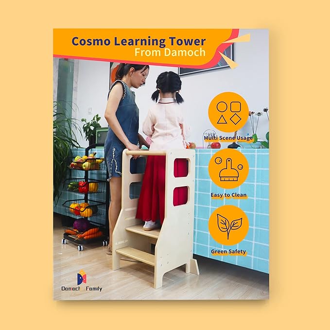 Damoch Family™ Child Standing Tower Kids Kitchen Step Stool Toddler Wooden Step Stool Adjustable Height Children Montessori Stool Patented Design (Natural)