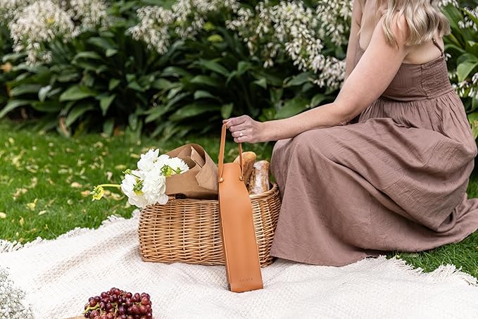 NEW Salute Wine Bottle Carrier with Corkscrew | Vegan Leather Tote Gift Bag Corporate Gift idea Picnic Travel Tastings Wine Gift Beach Party BYOB Restaurant Valentines Day (Tan)