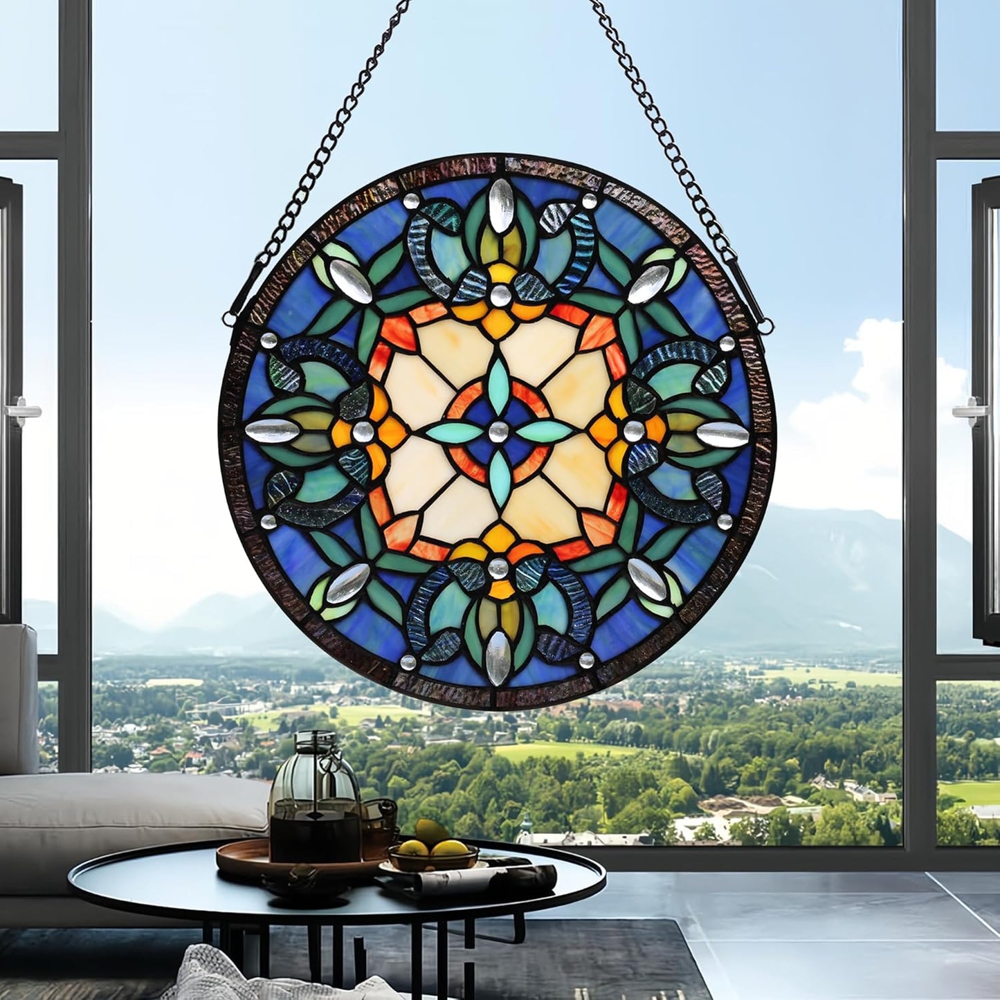 Handcrafted Stained Glass Window Panel - 12-Inch Round Floral Design with Vibrant Colors, Elegant Decorative Hanging Art for Home Décor, Includes 20-Inch Chain & Hook (Blue iris)