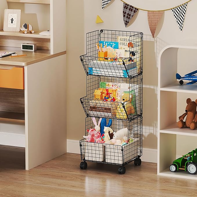 Sonyabecca Toy Organizer Basket Shelf with Wheel, S-Hooks, Rolling Cart Hanging Storage Baskets for Child Room, Playroom, Bedroom, Kitchen (Black)
