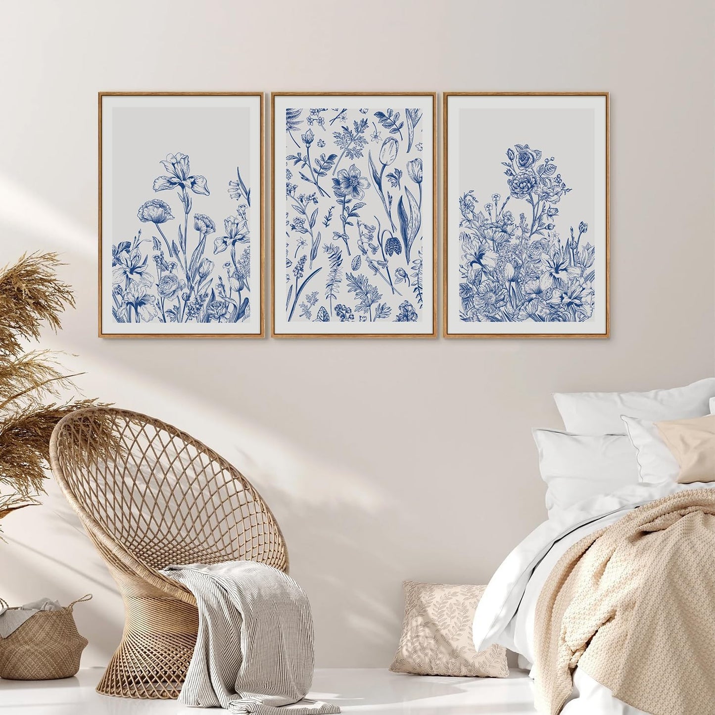 SIGNINART Classic Chinoiserie Framed Canvas Wall Art Set, Blue and White Floral Art Painting, Minimalist Botanical Flower Artwork, Navy Blue Wall Decor for Bedroom, Living Room, Office 16"x24"x3