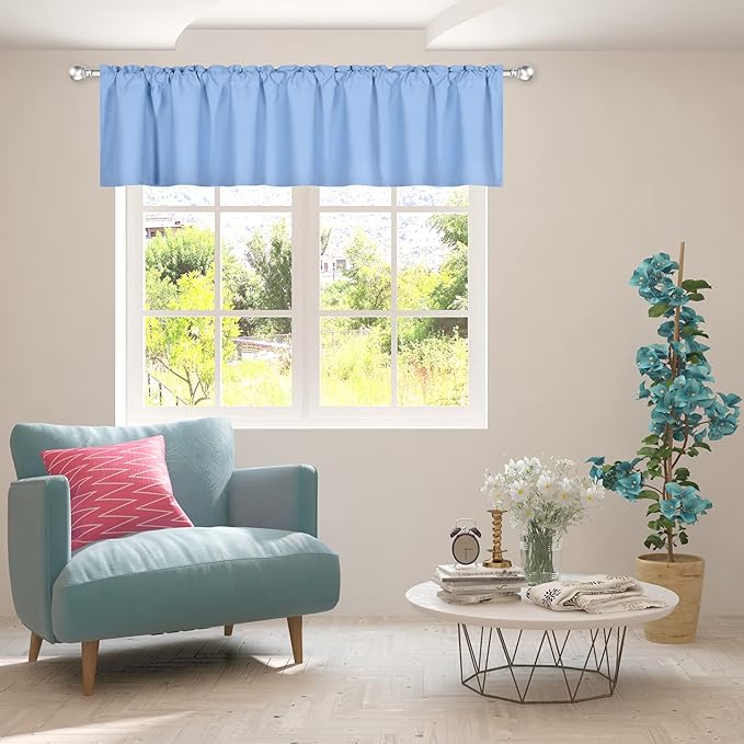 Sky Blue Extra Wide Valance for Windows 100x18 Inch Solid Thermal Insulated Blackout Rod Pocket Kitchen Short Curtain Toppers Extra Wide Valance for Bathroom Living Room, Light Baby Blue