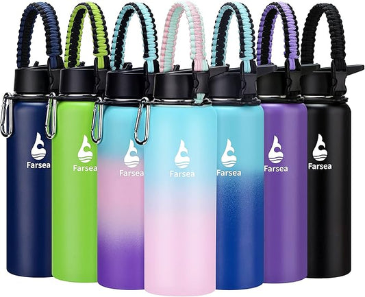 Farsea Insulated Water Bottle with Straw Lid & Spout Lid & Paracord Handle, Stainless Steel Water Bottle Wide Mouth, Double Wall Sweat-Proof BPA-Free, 40 oz, Gradient Blue + Pink