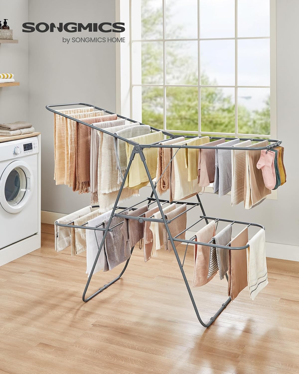 SONGMICS Clothes Drying Rack, Foldable 2-Level Laundry Drying Rack, Free-Standing Laundry Airer, with Height-Adjustable Wings, 33 Drying Rails, Sock Clips, Gray ULLR053G02V1