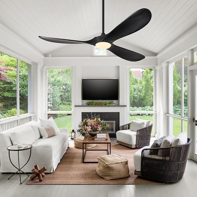 72 Inch Wood Ceiling Fans with Lights and Remote Control, Outdoor Ceiling Fan with Light Solid Wood Modern Black Large Ceiling Fans Propeller Indoor Patios Garage Bedroom High cfm, Matte Black