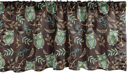 Ambesonne Owl Print Window Valance, Night Birds Leaves Berries Warm Autumn Colors Cartoon, Curtain Valance for Kitchen Bedroom Decor with Rod Pocket, 54" X 18", Brown Green