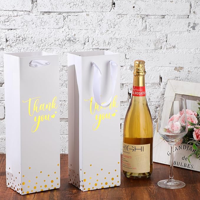 Ctosree 30 Pcs Wine Gift Bag for Wine Bottle Wedding Wine Thank You Gift Bag with Metallic Gold Foil Print Kraft Wine Paper Favor Bag with Attractive Rope Handle for Graduation Bottle(White)