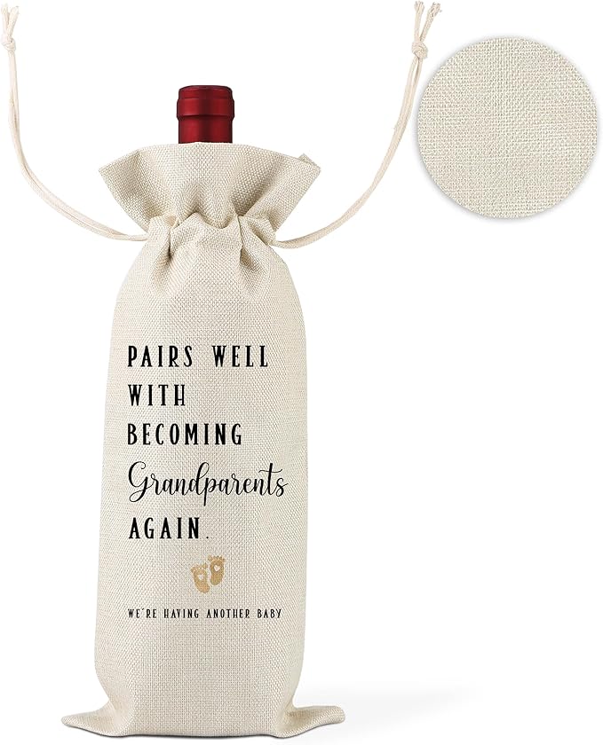 Pregnancy Announcement,Gift for Being Grandparents Again,Wine Bag Gifts for Grandparents,New Baby Gift,Pairs Well With Becoming Grandparents Again,1 Drawstring Gift Wine Bag,Q22