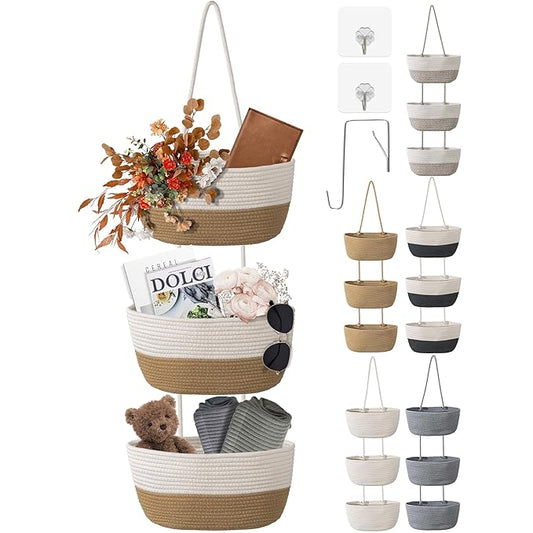 3 Tier Wall Mounted Woven Hanging Basket, Over the Door Hanging Basket with Hooks, Decorative Storage Hanging Closet Removable, Large Wall Basket for Living Room, Bedroom (White & Brown)