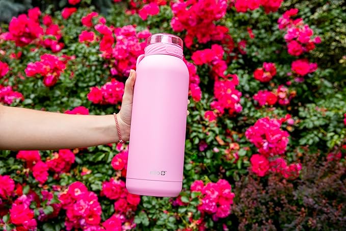 Ello Cooper 40oz Stainless Steel Water Bottle with Straw and Carry Handle, Double Walled and Vacuum Insulated Metal, Leak Proof Locking Lid with Soft Silicone Spout, Reusable, BPA Free, Bubblegum