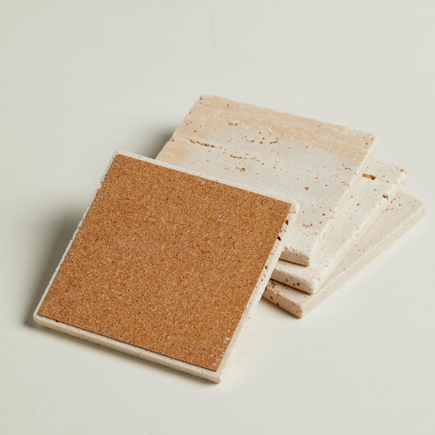 Marble Coasters – Set of 4 –Beige Travertine Bar Coasters for Drinks, Coffee –Stone Holder for Home Décor, Housewarming Gifts (Square)