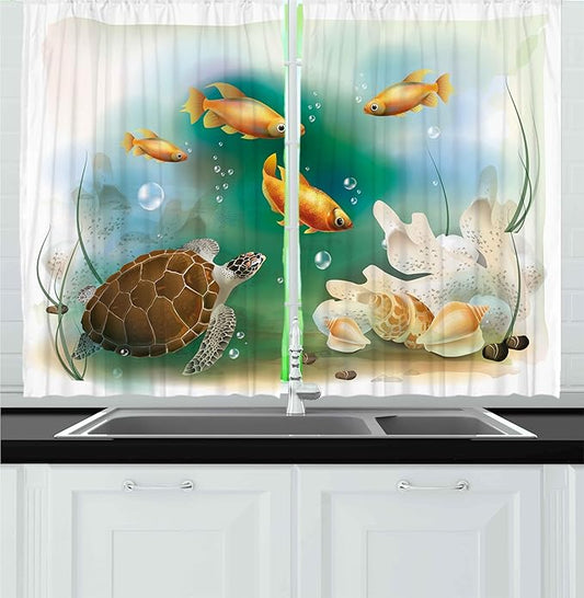 Ambesonne Turtle Kitchen Curtains, Ocean Life Illustration Aquarium Tropical Animals Goldfishes and Seashells, Window Drapes 2 Panel Set for Kitchen Cafe Decor, 55" x 36", Teal Orange