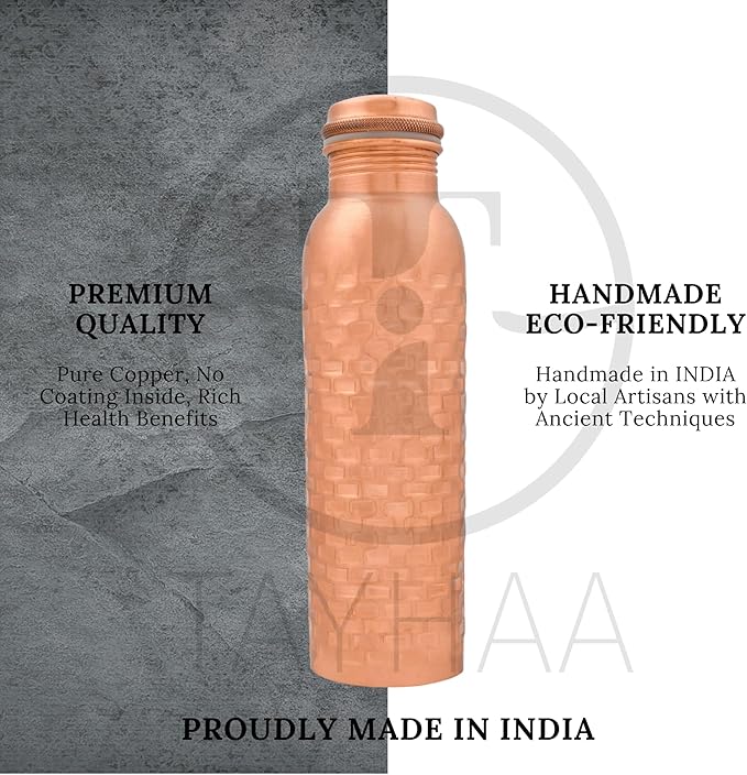 Pure Copper Water Bottle for Drinking - Indian Handmade Ayurveda Healing Benefit Water Bottle for Travel, Hiking, Gym, Office, Outdoor - Normal Finish - 950 ML