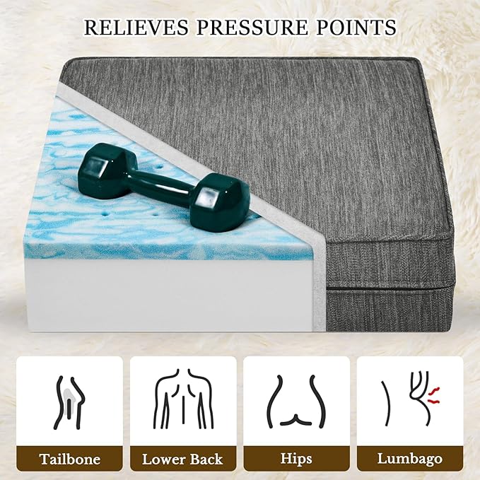 baibu Extra Large 20"x20"x5" Dual-Layer Memory Foam Chair Seat Cushion for Recliner, Couch, Armchair with Textured Washable Cover, Non-Slip Base for Tailbone Pain & Pressure Relief, Grey