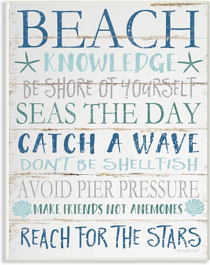 Stupell Industries cwp-367 Beach Knowledge Blue Aqua and White Planked Look Sign Art, 12 x 18, Wall Plaque