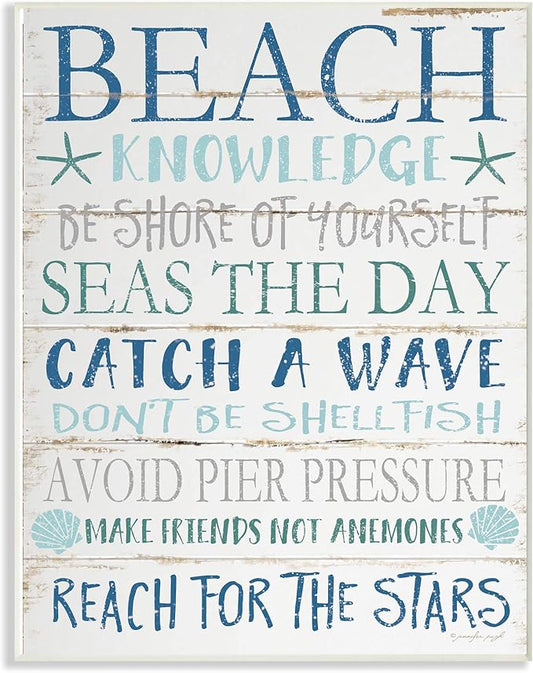 Stupell Industries cwp-367 Beach Knowledge Blue Aqua and White Planked Look Sign Art, 12 x 18, Wall Plaque