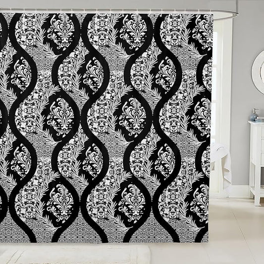 Feelyou Damask Pattern Shower Curtain 72"x78" Kids White Vintage Floral Bathroom Shower Curtain Set for Boys Girls Teens Black Geometric Stripe Bath Curtain Baroque Style Bathroom Accessories