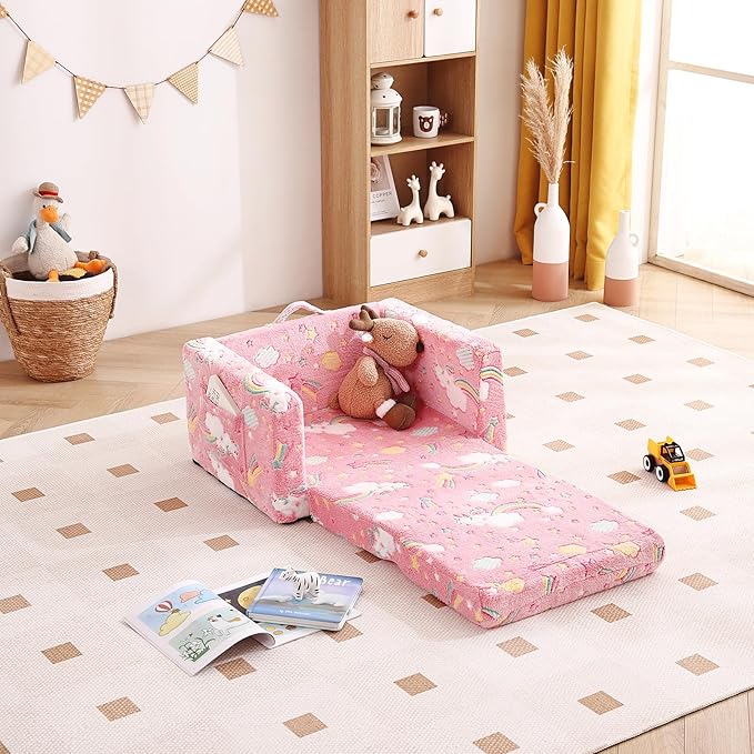 Tiita Toddler Chairs, 2-in-1 Kids Sofa Bed Fold Out, Plush Children's Foam Chair for Boys and Girls, Small Convertible Couch for Baby, Pink Rainbow