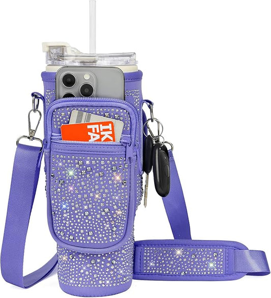 Bling Water Bottle Carrier Bag with Phone Pocket,Water Bottle Holder Bag for Stanley Cup Accessories,Cup Holder with Adjustable Shoulder Strap with Stanley 40 & 30 oz Tumbler,Purple